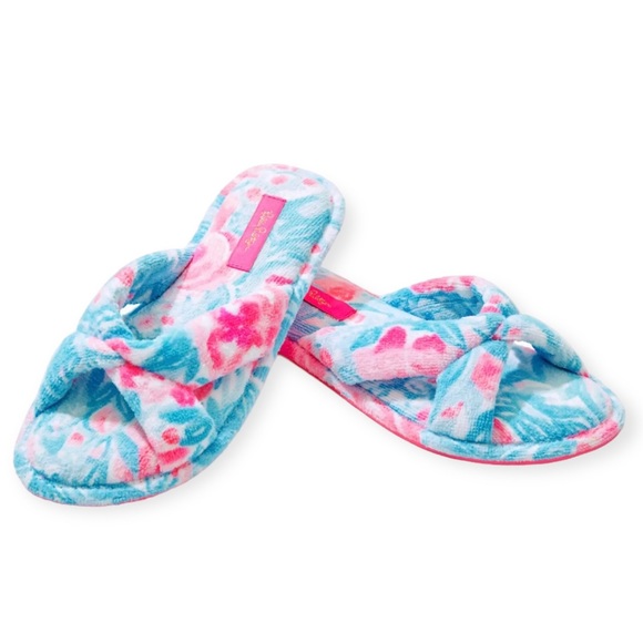 LILLY PULITZER Terry Slippers Printed Velour Bondi Blue My Little Peony NWT - Picture 3 of 9